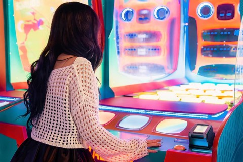 Girl enjoys her time playing at a vibrant, colorful arcade game The bright lights and lively