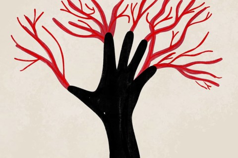 This illustration creatively combines a hand silhouette with branching red veins on a neutral