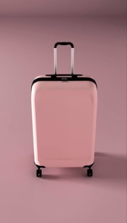A 3D-rendered front view of a stylish pink suitcase with wheels and an extended handle, showcasing