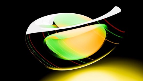 A dynamic, abstract digital illustration with bright green, orange and yellow hues on a dark