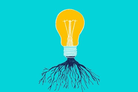 Illustration of a yellow light bulb with black roots on a blue background, symbolizing innovation