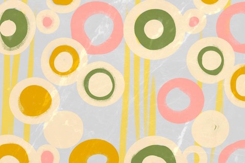 This abstract artwork features a variety of circles and ovals in a retro color palette of greens,