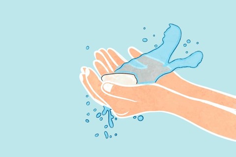 Illustrated depiction of handwashing, showing hands, soap, and water splashes Emphasizes hygiene