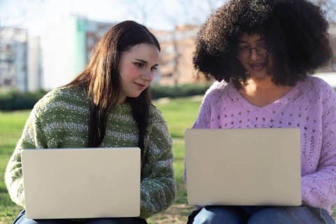 Two friends working on laptops in a park. They are collaborating and engaged, enjoying the sunny