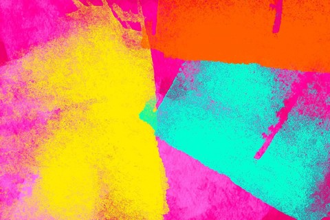 This abstract image features a vivid array of textured, overlapping colors including pink, orange,