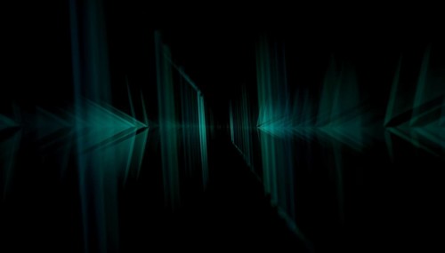 This image renders dark green abstract geometric shapes meeting in a 3D digital space, creating a