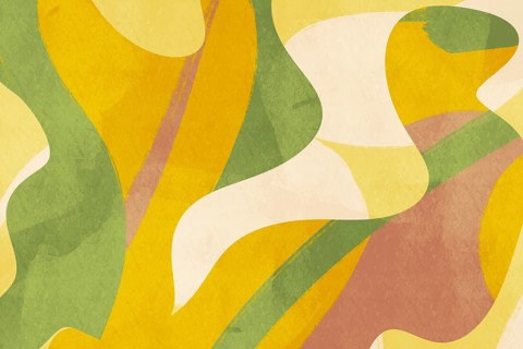 This abstract background features organic shapes in a palette of soft yellows, greens, and browns,