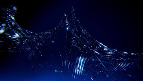 A mesmerizing 3D illustration depicting a wave of binary code, illuminated against a deep blue