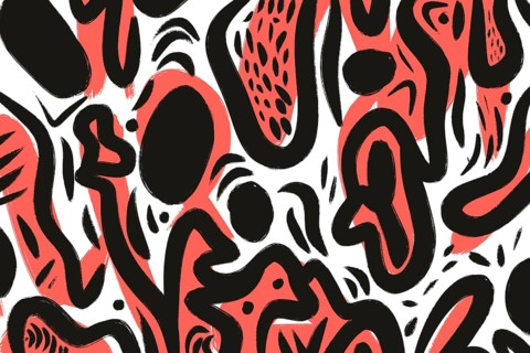 This abstract illustration showcases bold red and black curves intertwining, creating a dynamic and