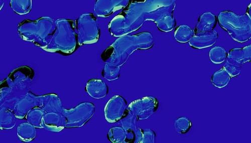 A digital artwork depicting several shiny 3D forms resembling blue liquid shapes floating