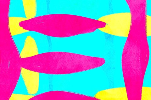 A vibrant abstract illustration showcasing colorful geometric shapes in pink, yellow, and turquoise
