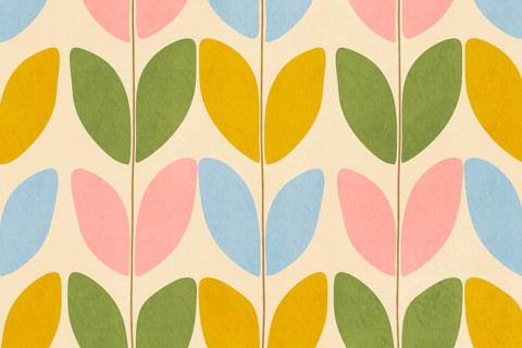 A vibrant abstract background featuring a symmetrical leaf pattern in retro pastel colors. Ideal