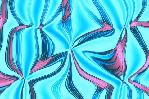 A vibrant abstract artwork featuring flowing blue and pink wavy lines. The design exudes dynamic