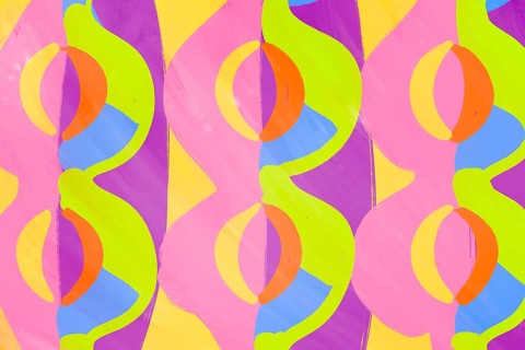 This colorful abstract illustration features a vibrant geometric pattern with bold shapes and vivid