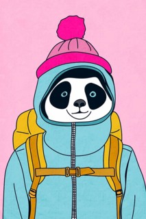 A playful illustration of a panda in a blue winter jacket and pink beanie, carrying a yellow