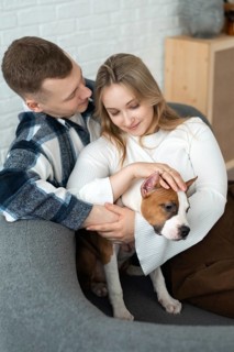 A young couple shares a tender moment with their small dog, conveying warmth and affection in a