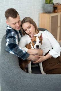A young man and woman sit closely on a couch, affectionately holding a white and brown