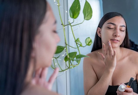 A woman applies skincare cream to her face in front of a mirror. She is focused on self care, with
