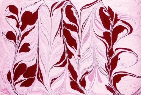 A stunning floral design featuring flowing abstract shapes in shades of red and pink acrylic paint.