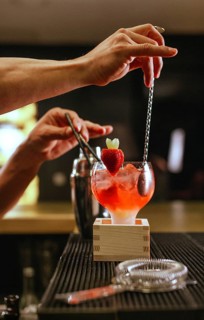 A professional bartender expertly mixes a cocktail in a stylish bar. The scene captures the vibrant