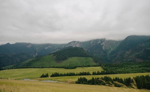 Scenic view of the verdant meadows and foggy peaks in Bachledka Ski Sun region, overlooking the