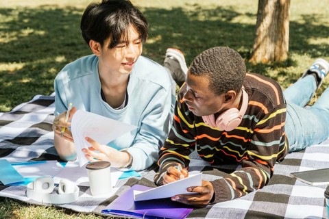 Two friends studying together on a picnic blanket outdoors. They are discussing notes, surrounded