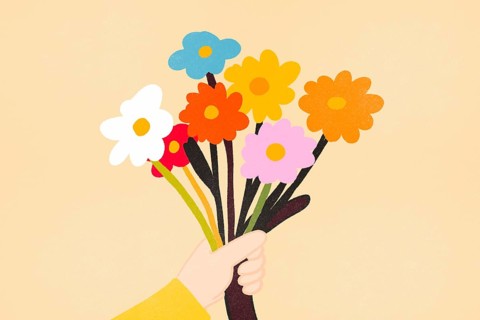 Illustration of a hand presenting a vibrant bouquet of various colorful flowers against a light