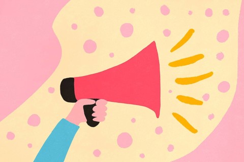 This illustration showcases a hand clutching a bright red megaphone against a soft pink and