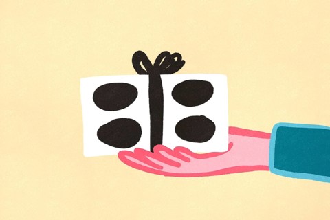 Illustration of a hand gently holding a decorated gift box with bold polka dots and a simple bow on