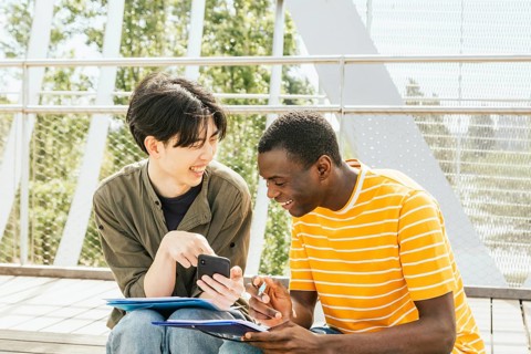 Two friends enjoy a sunny day outdoors while collaborating on a project. One holds a smartphone,