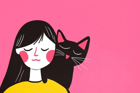 Illustration of a young girl in a yellow sweater being affectionately cuddled by a black cat