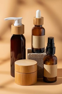 A collection of brown glass cosmetic bottles with wooden caps displayed on a beige background. The