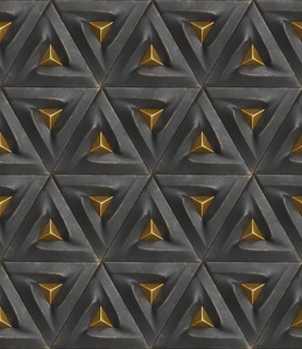 A striking 3D geometric pattern featuring metallic accents. The repeating triangular shapes create