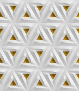 This 3D geometric wallpaper design features a repeating pattern of white triangles with gold