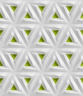 Abstract 3D geometric pattern featuring repetitive green and white triangular shapes. The design