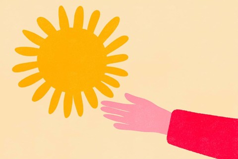 A vibrant illustration featuring a hand extending from a red sleeve, reaching towards a large,