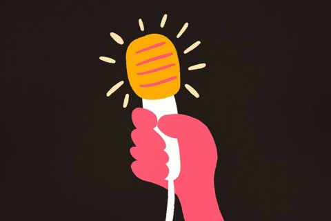 A colorful illustration shows a hand gripping a brightly lit microphone against a dark background,