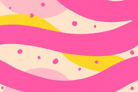 An abstract illustration featuring waves of pink and yellow with pink accents and scattered circles