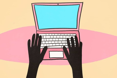 A vibrant illustration of black silhouette hands typing on a laptop, set against a split pink and