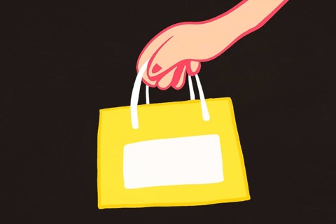 A stylized illustration of a hand gripping the handles of a yellow shopping bag, featuring a blank