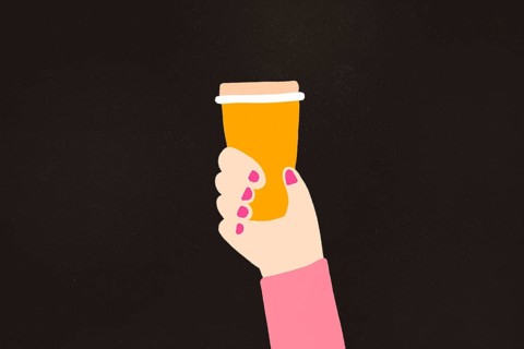 A detailed illustration of a hand gripping a disposable coffee cup, set against a stark black