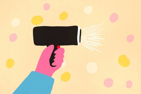 A vibrant, abstract illustration depicting a hand holding a portable, wireless hairdryer against a