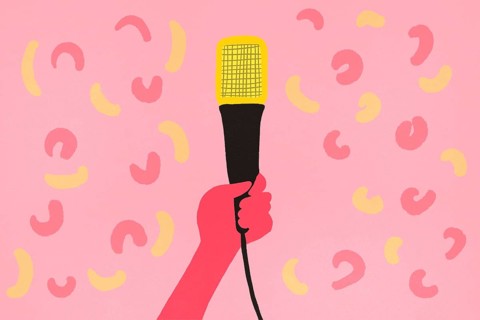 A stylized illustration featuring a hand grasping a microphone against a playful pink background