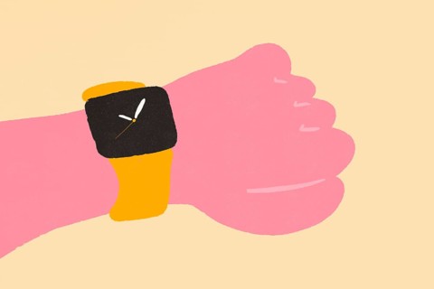 A minimalist illustration of a cartoon-style hand wearing a black watch against a dual-tone pink