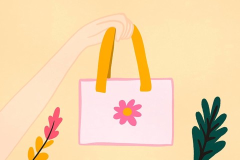A soft pastel illustration showcasing a hand clutching the handles of a pink tote bag adorned with