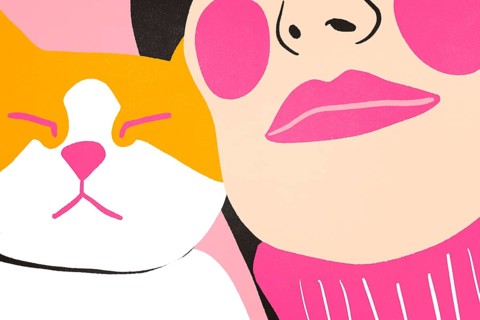 A minimalist illustration featuring a woman adorned with pink lips, wearing a pink sweater, against