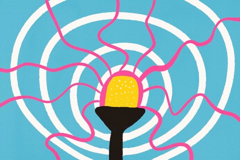 A vibrant abstract illustration featuring curving lines and a central glowing yellow element on a