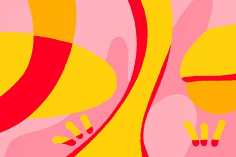 A striking abstract illustration featuring flowing lines and bold shapes in shades of pink, yellow,