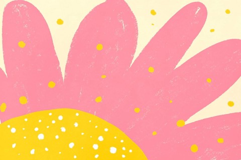 Bold abstract art resembling a flower featuring large pink shapes dotted with yellow highlights on