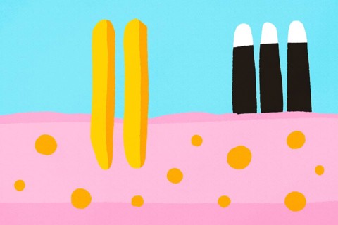 A colorful, abstract, minimalist illustration featuring bold shapes and pastel colors. The artwork
